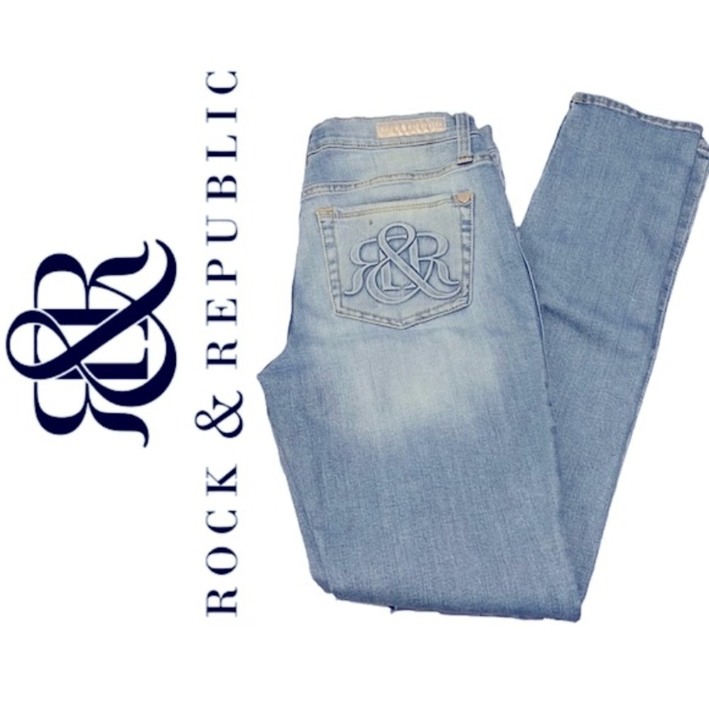 Rock & Republic® Berlin Light Blue Denim Skinny Jeans Embossed R&R Logo Sz 8 EUC
